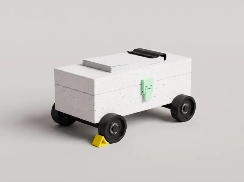 A terrazzo freight container on steel rollers with waybill papers