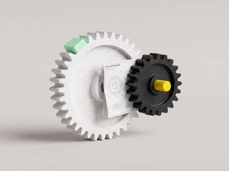 Terrazzo and steel gears pressing a production worksheet