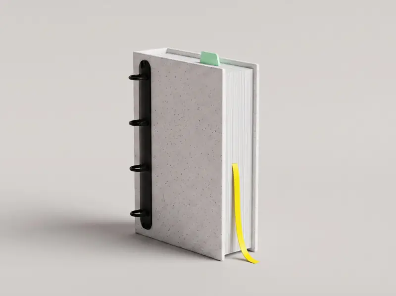 A terrazzo archive binder monolith gripping a block of paper