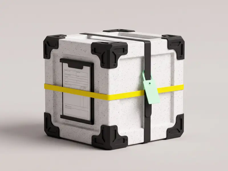 A terrazzo shipping crate with a customs form in a steel holder